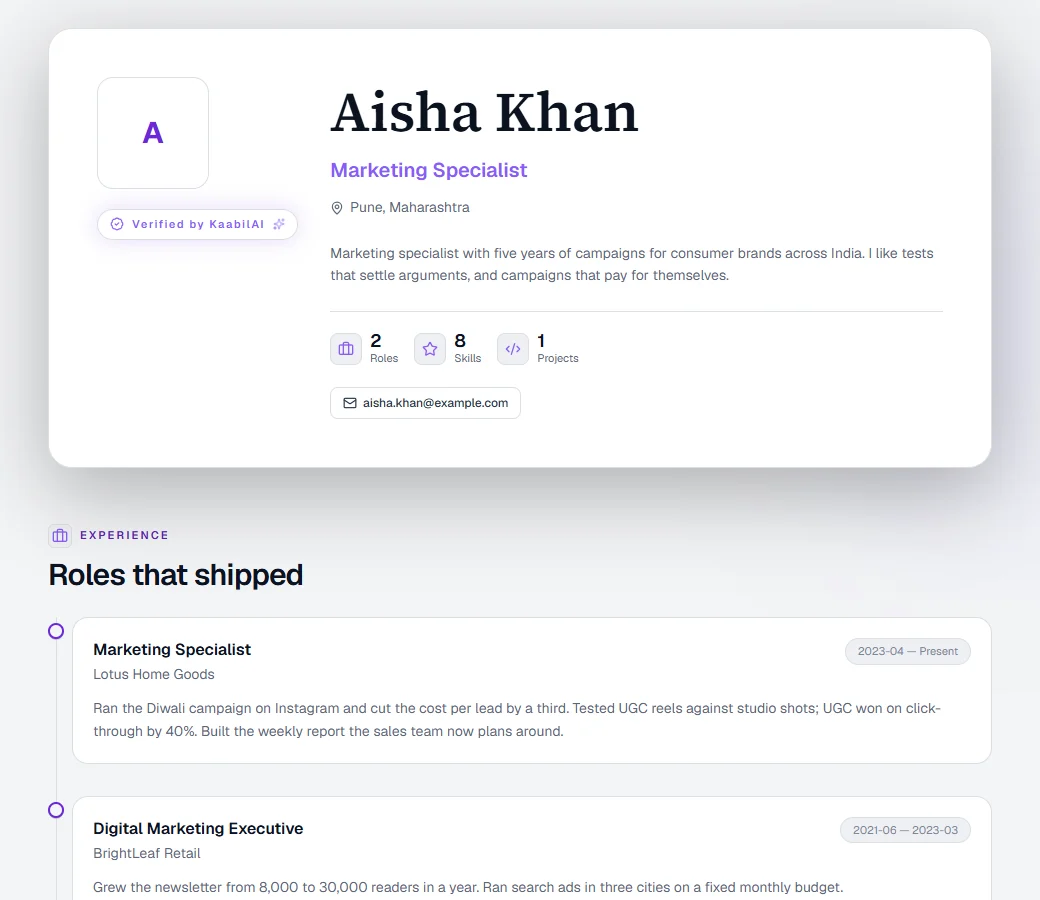 Aisha Khan's Online Resume with her role, location, summary and a Verified badge