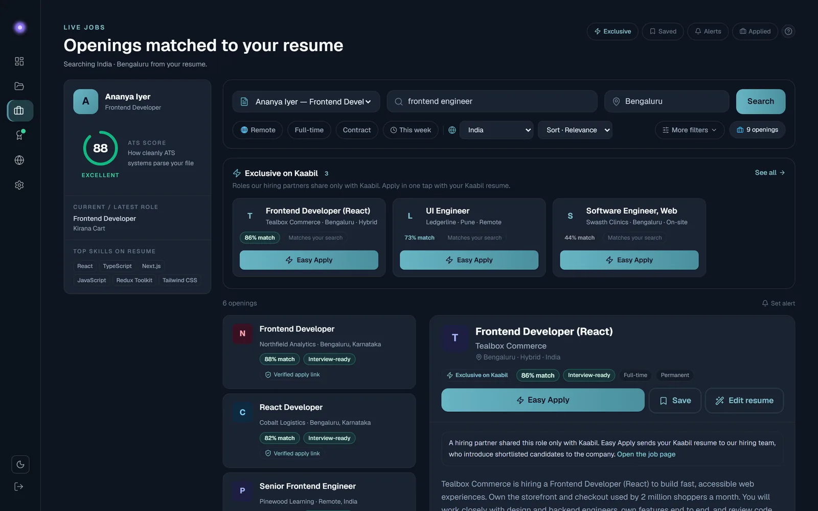 Kaabil job search with three exclusive partner roles and listed jobs, each with a match score