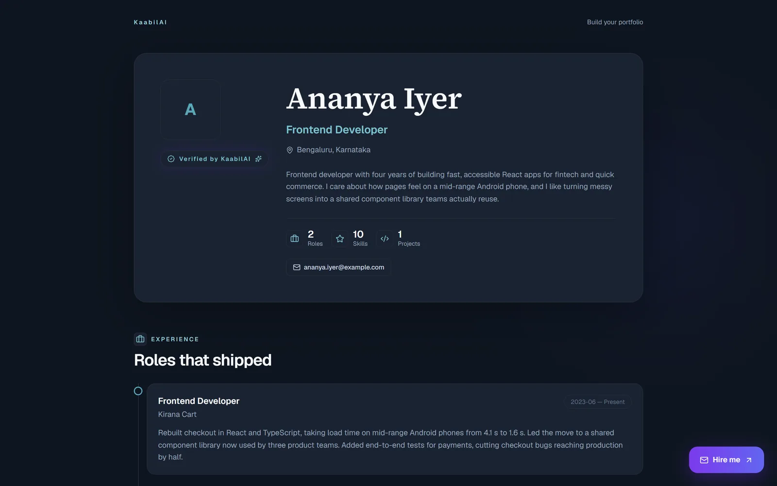 Ananya Iyer's public Kaabil page showing her role, location, summary and a Verified by KaabilAI badge