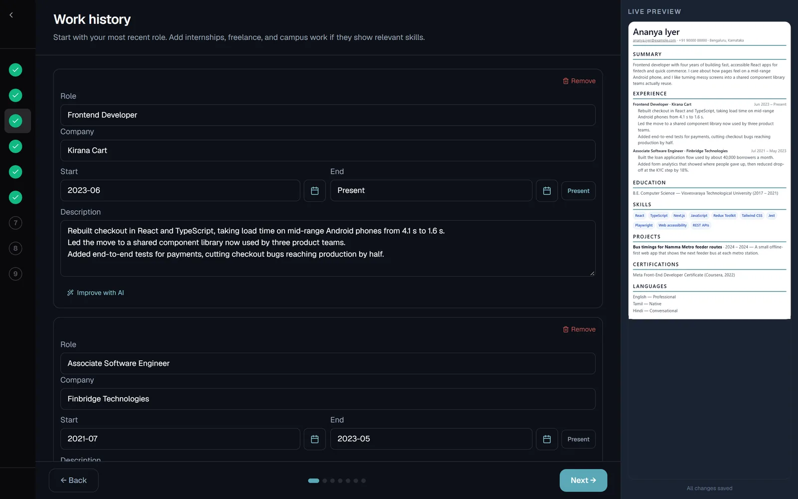 The Kaabil resume builder on the work history step, with the finished resume previewed on the right