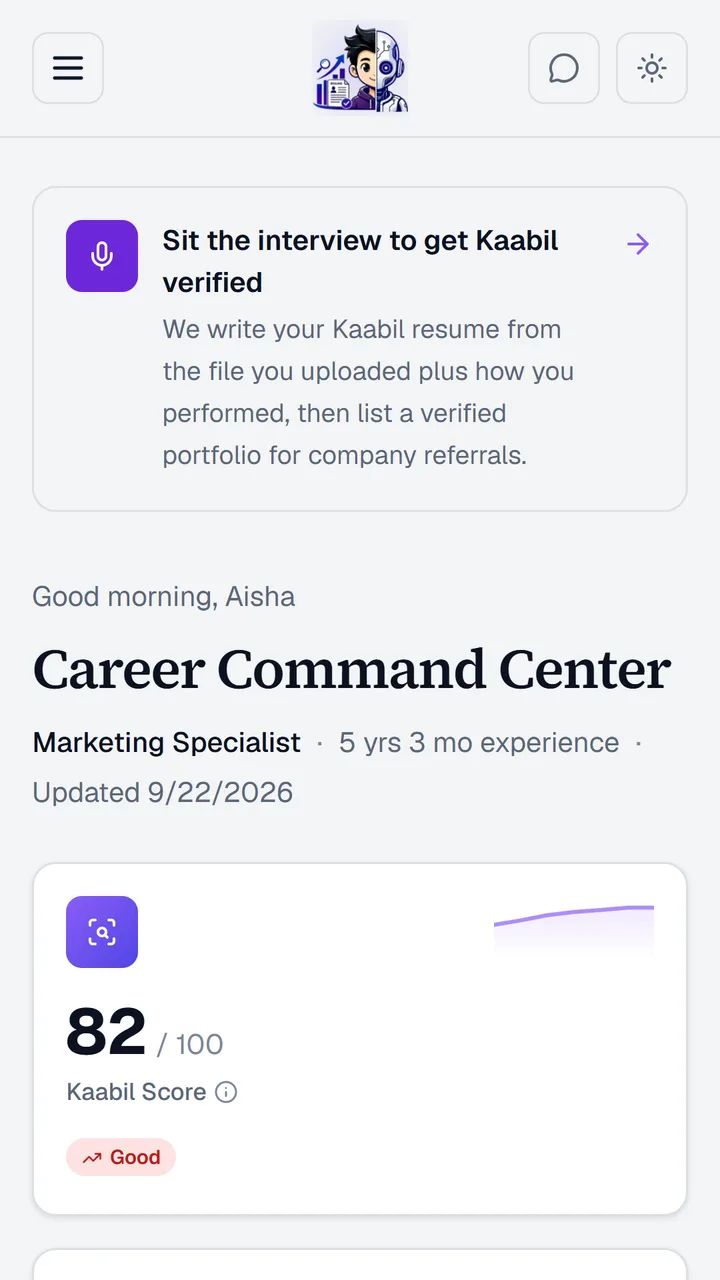 The Kaabil dashboard inviting you to sit the interview and get verified