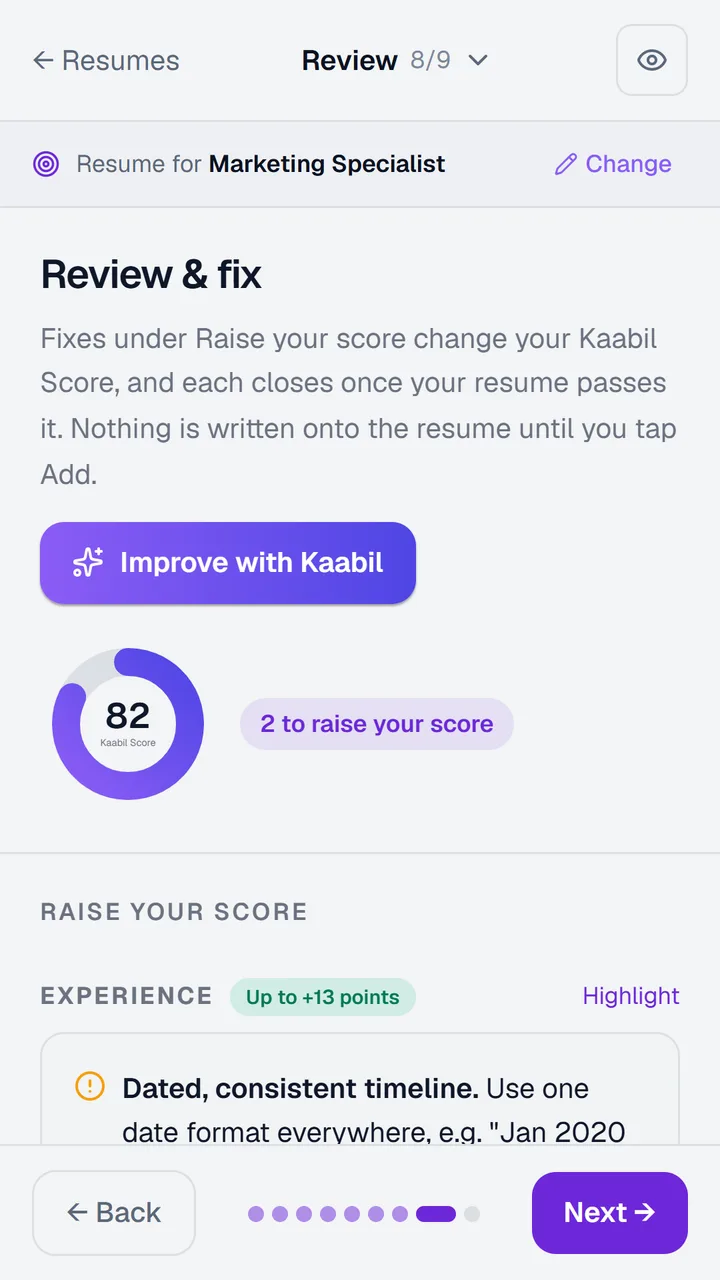Kaabil's review screen with a Kaabil Score of 82 and two fixes to raise it