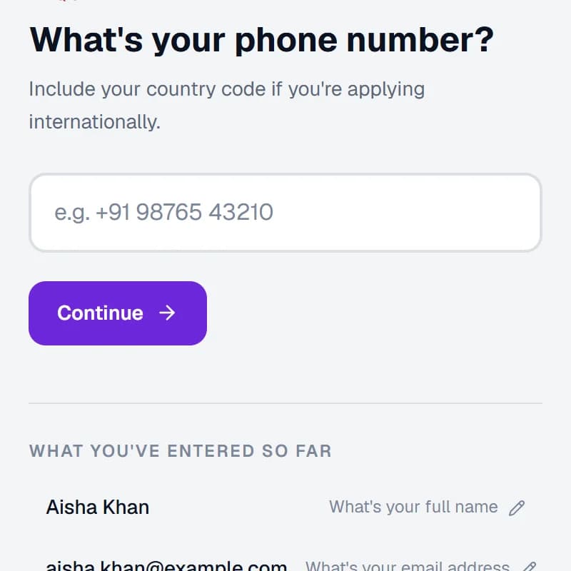 The Kaabil AI resume builder asking for a phone number, with the name and email already answered