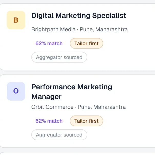 Jobs matched to a resume, each with a match percentage